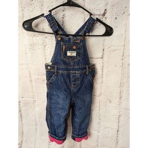 OshKosh B'gosh Vestbak Overalls 12 Months Blue Denim Pink Fleece Fully Lined Car